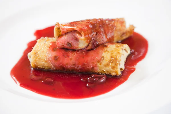 Dessert, pancakes cherry sauce — Stock Photo, Image