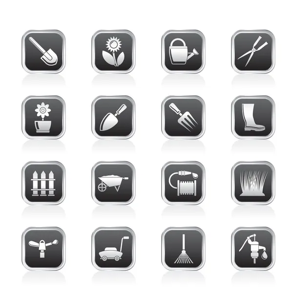 Trädgård och trädgårdsarbete verktyg och objekt ikoner — Stock vektor