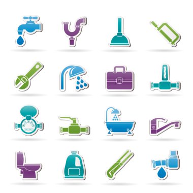 Plumbing objects and tools icons clipart