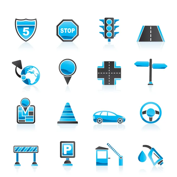 Iconos de tráfico, carretera y viajes — Vector de stock