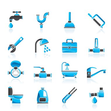 Plumbing objects and tools icons clipart