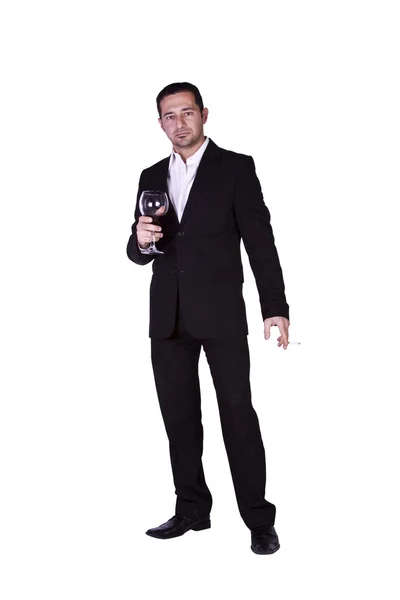 Empresário comemorando com um copo de bebida e uma fumaça — Fotografia de Stock