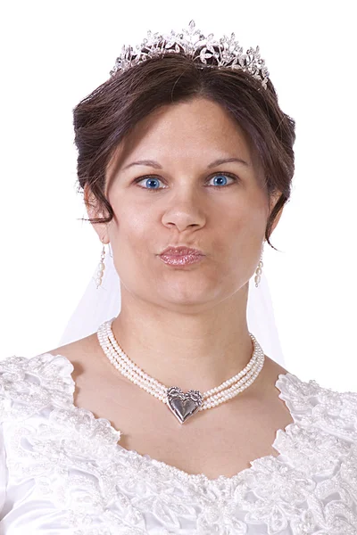 Spansktalande bruden i vit couture bröllopsklänning — Stockfoto