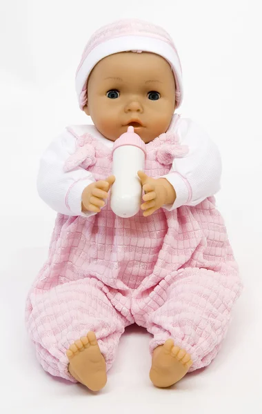 젖 병으로 아기 인형 — 스톡 사진