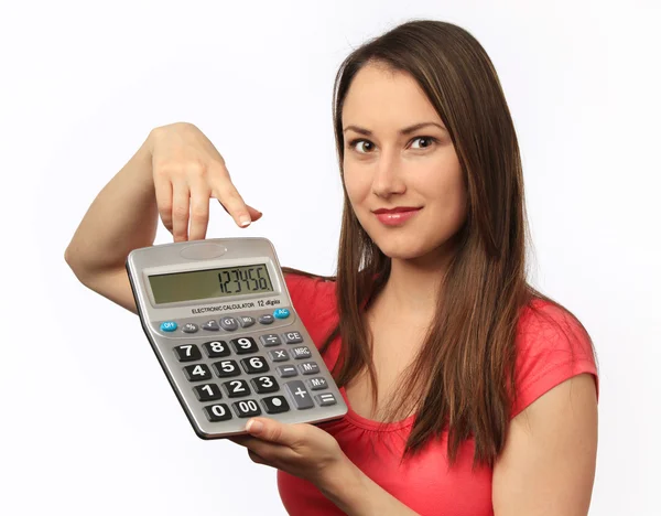 stock image Young woman holding a calculator