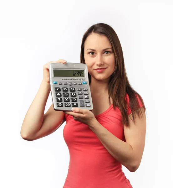 stock image Young woman holding a calculator