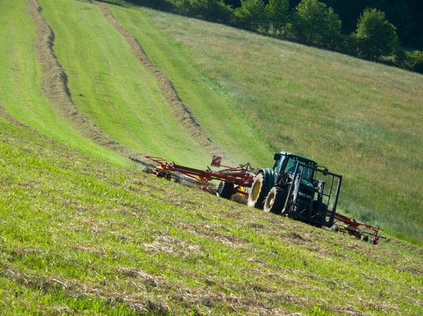 Tractor with a rotary rake in the field — Stock Photo, Image