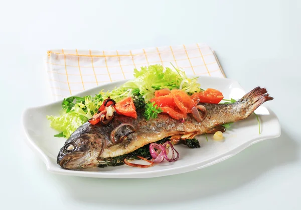 西红柿和绿色沙拉烤的鳟鱼 — 图库照片