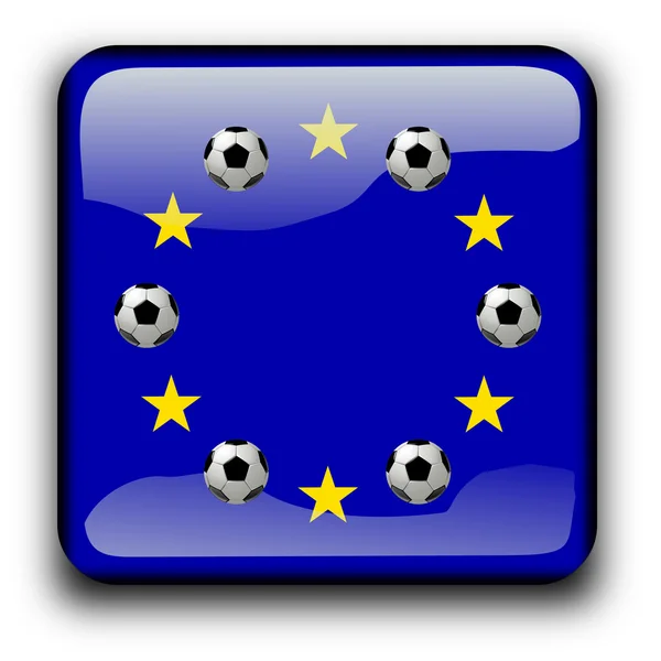 Botón bandera de Europa con pelotas de fútbol — Foto de Stock