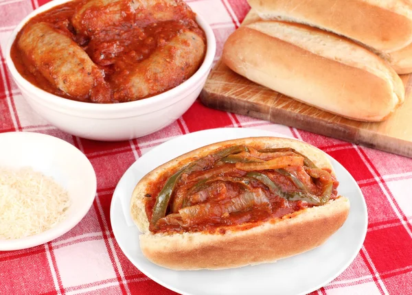 Sausage sub with peppers, onions and tomato sauce. — Stock Photo, Image