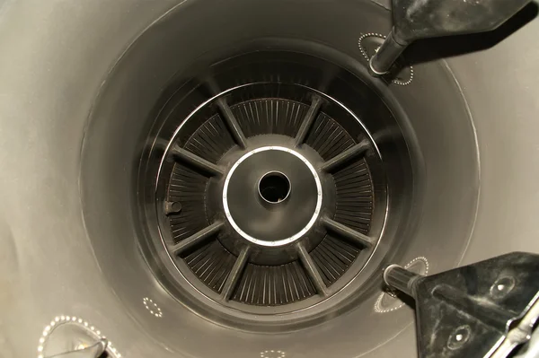 Closeup of a jet turbine. Blades of the airplane turbine — Stock Photo, Image