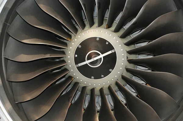 stock image Closeup of a jet turbine. Blades of the airplane turbine