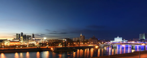 Moscow, Russia. Night. Panoramic view from the embankment of the Moskva River