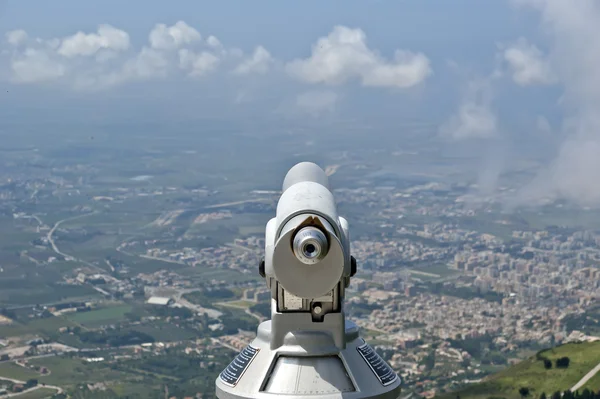 Telescope viewer and landscape of a mountain valley with a aerial view — Stock Photo, Image