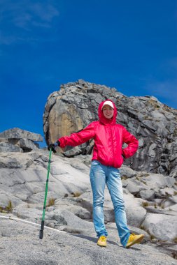 Hiking young woman in mountains clipart