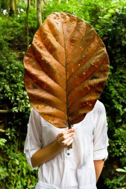 Woman holding a giant dry leaf clipart