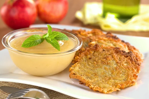 Apple Sauce and Potato Fritters — Stock Photo, Image
