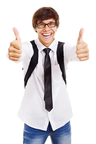 Щасливий студент показує великий палець вгору — стокове фото