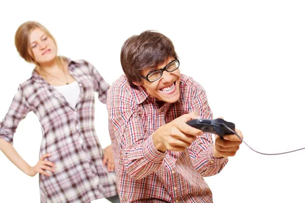 Vídeo game adolescente e sua menina com raiva — Fotografia de Stock