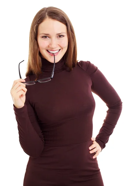 Mladá žena s brýlemi poblíž úst — Stock fotografie