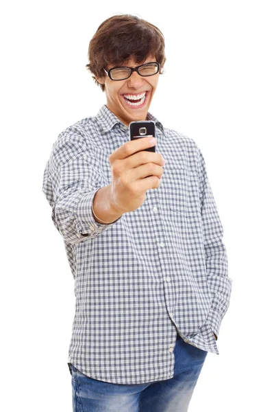 Boldog srác, hogy a képet a telefon — Stock Fotó