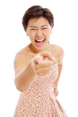 Asian young woman pointing out and laughing clipart