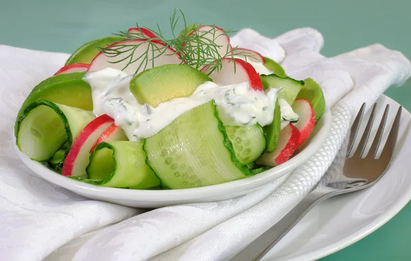 Komkommer salade met radijs en avocado roomsaus — Stockfoto