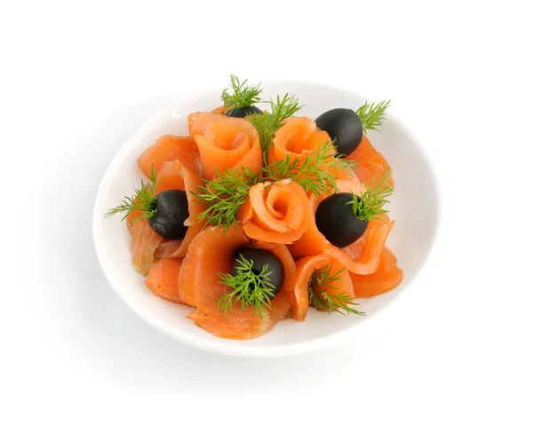 stock image Appetizer of salmon with fennel and olives on a white background