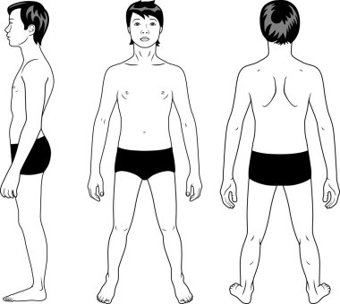 Full length profile, front, back view of a teenager boy clipart