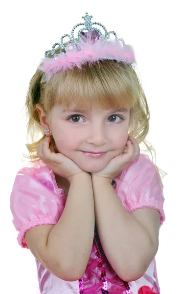 Gyönyörű kicsi lány, pink ruha visel — Stock Fotó