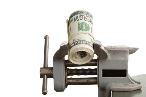 Dinero en la herramienta de vicio aislado en blanco — Foto de Stock