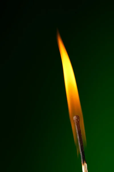 Burning match with tongue of flame on green — Stock Photo, Image