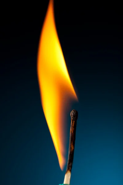 Burning match with tongue of flame on blue — Stock Photo, Image