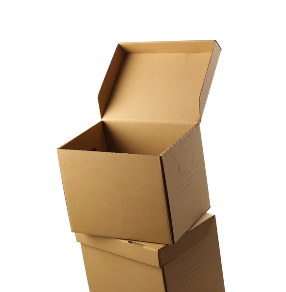 Stack of opened cardboard boxes, isolated — Stock Photo, Image