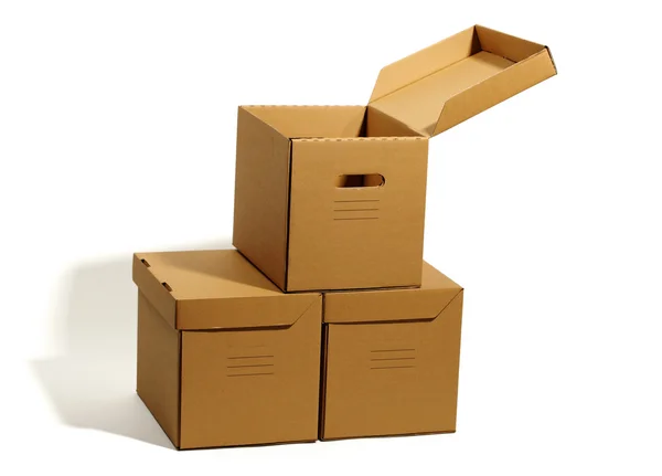 Cardboard boxes isolated, real shadow, clipping path — Stock Photo, Image