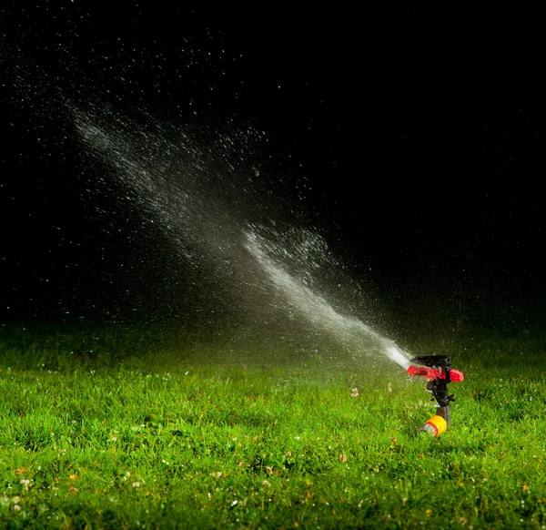 Aspersor de césped rociando agua sobre hierba verde por la noche —  Fotos de Stock