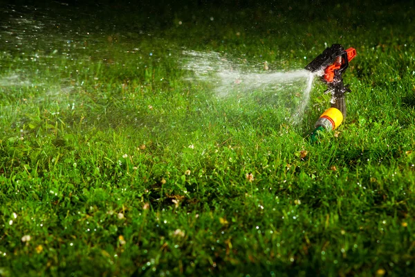夜に緑の草に水を噴霧の芝生のスプリンクラー — ストック写真