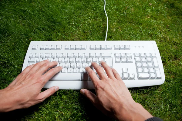 Hands typing keyboard on the grass — Stock Photo, Image