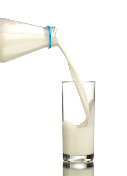 Milch fließt von der Flasche ins Glas — Stockfoto