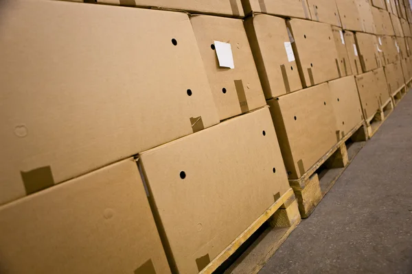 Caixas de papelão no armazém — Fotografia de Stock