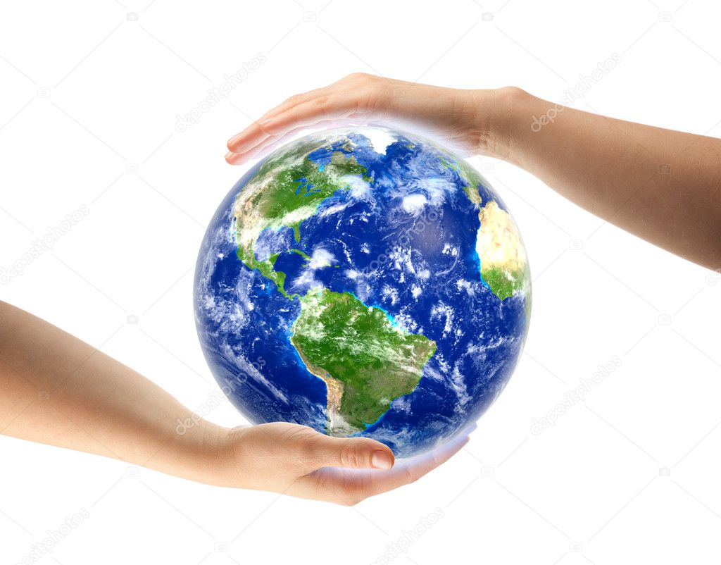 Hands around globe