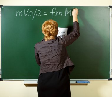 Math teacher writing formula on the blackboard clipart