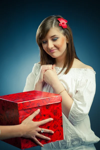 Stock image Beautiful girl recieves a gift