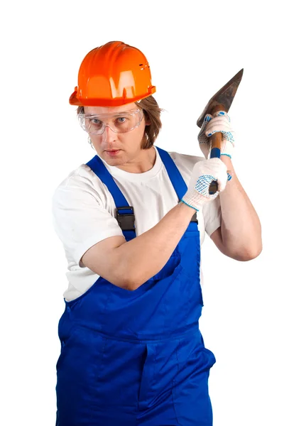 Werknemer met een hamer op wit wordt geïsoleerd — Stockfoto
