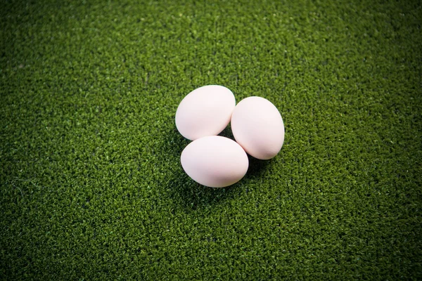 Grupp av ägg på gröna gräsmattan — Stockfoto