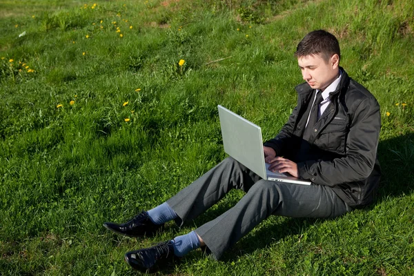 Man with a laptop on the grass Stock Picture