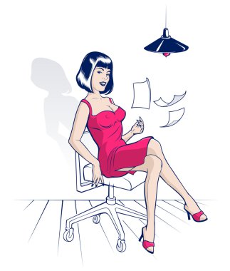 Young woman sitting in an office chair and scatters sheets clipart