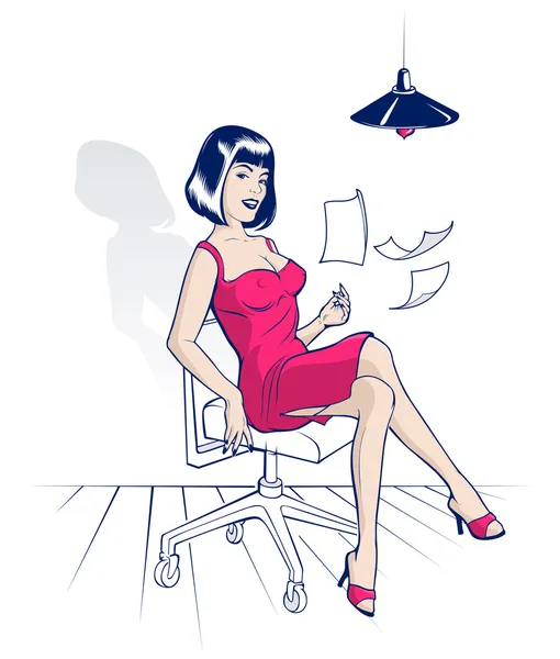 Ung kvinna sitter i en kontorsstol och skingrar ark — Stock vektor