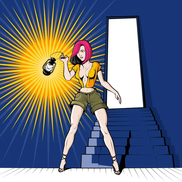 Девушка в подвале с фонариком — стоковый вектор