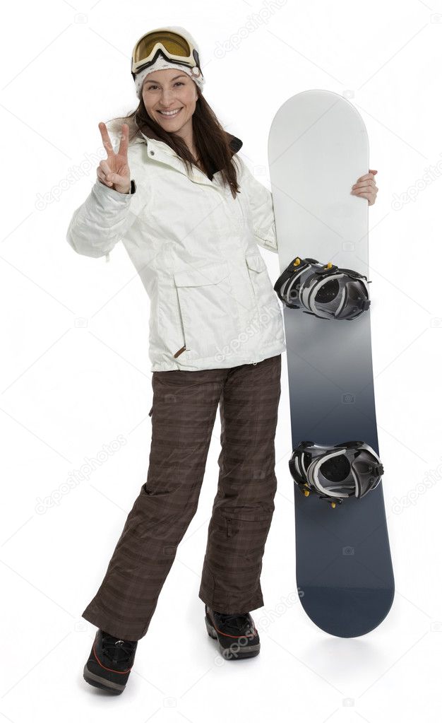 Woman Holding Snowboard on White